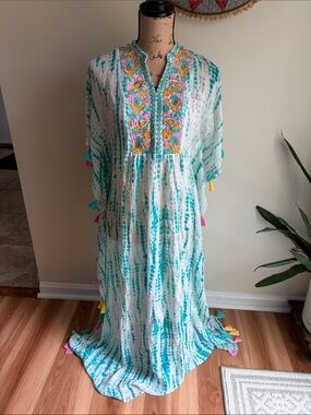 Miss June Paris Caftan Beach Swim Coverup Tassels Tie Dye Embroidered